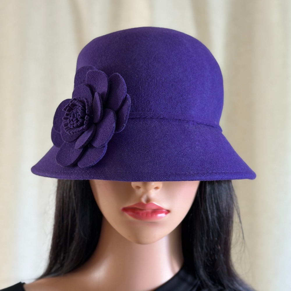 Purple 100% Wool Cloche Hat Large Side Flower Accent Flapper Gatsby 1920s Style - Picture 2 of 7